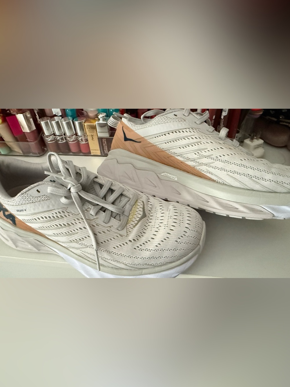 Hoka One One Women's Running Shoes in Light Gray and Beige/ gold
